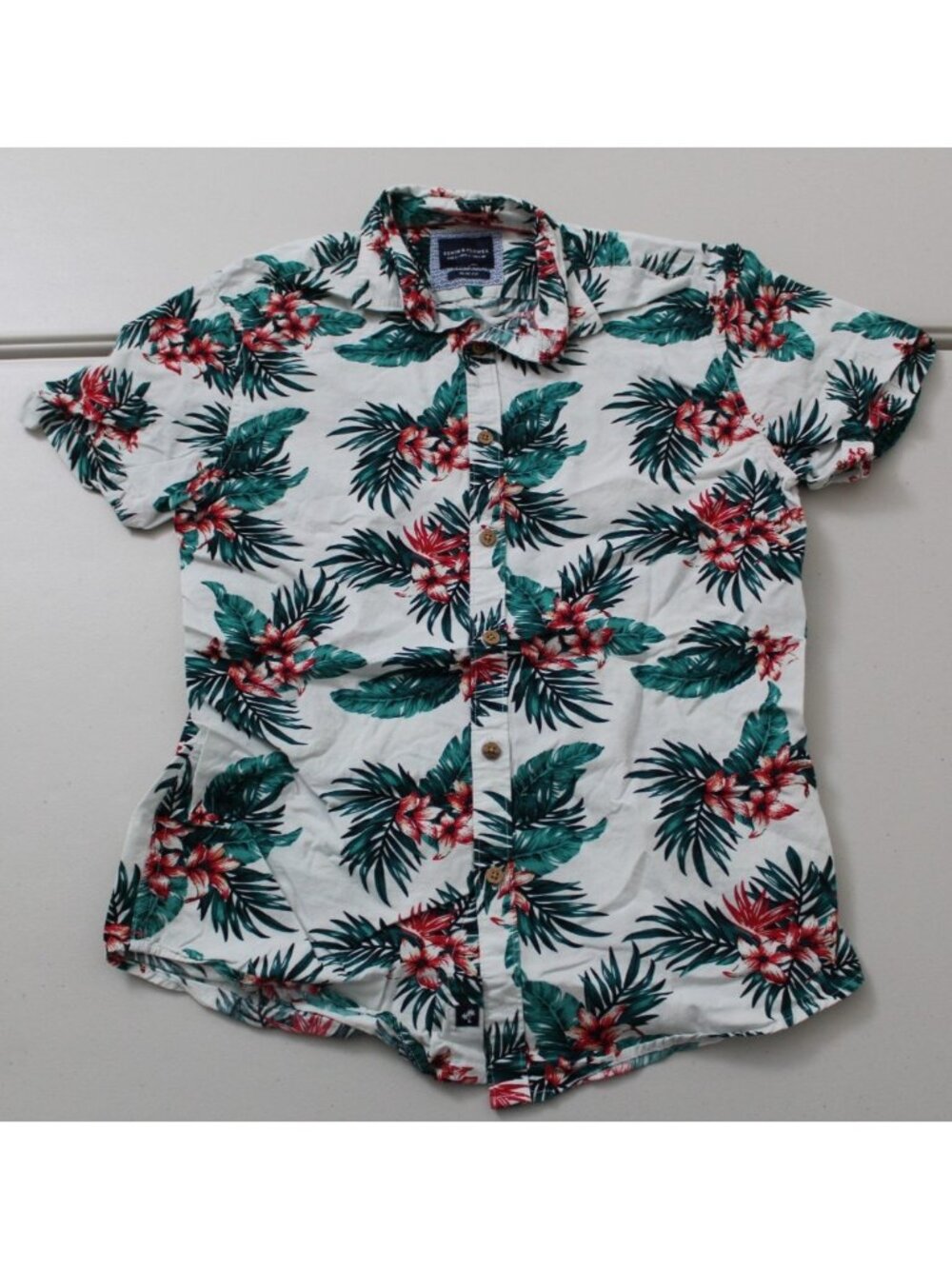 Denim & Flower Ricky Singh Mens S White Floral Hawaiian Casual Button Up Shirt